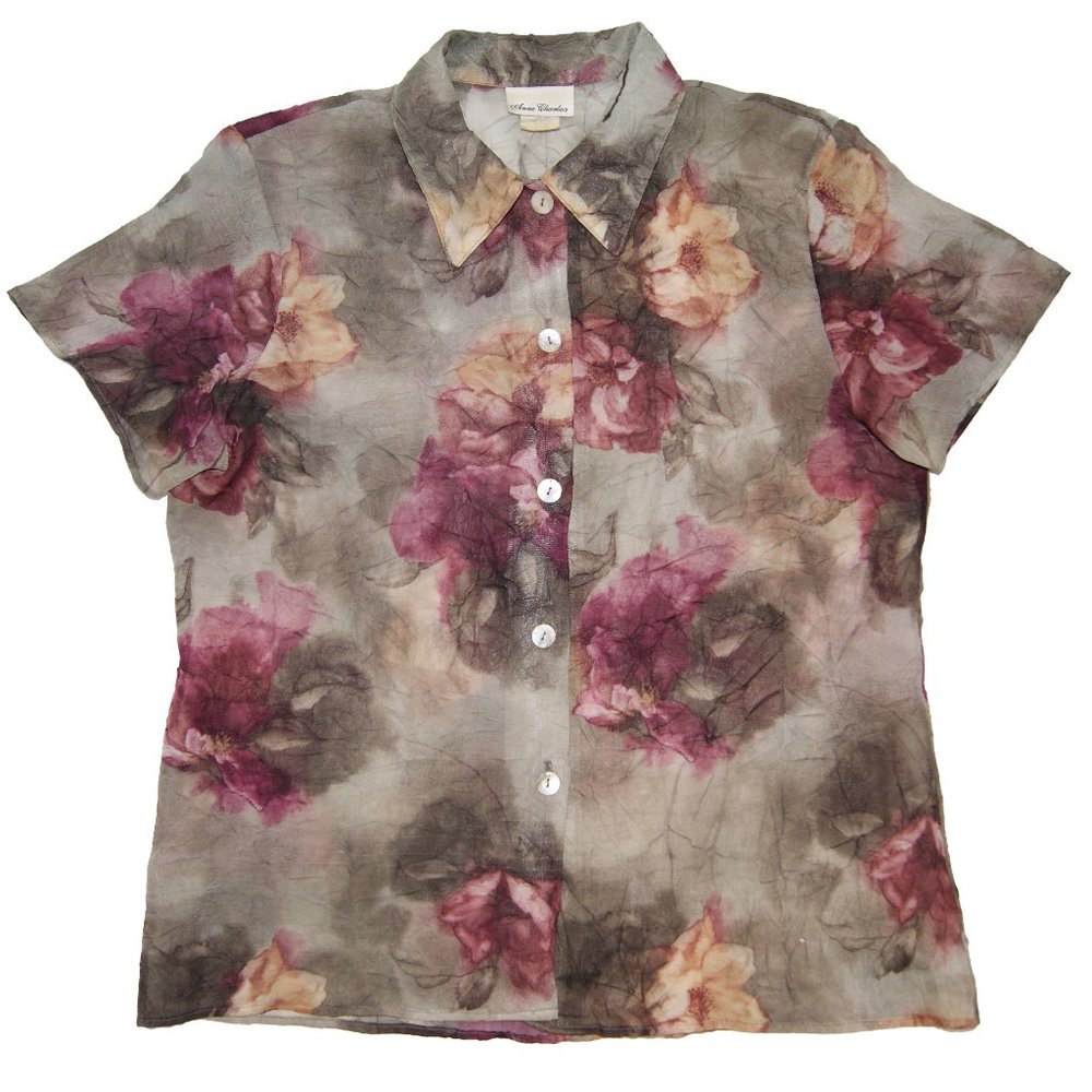 Vintage‎ 90s Anne Charles Green Purple Soft Grunge Floral Mesh Crinkle Blouse